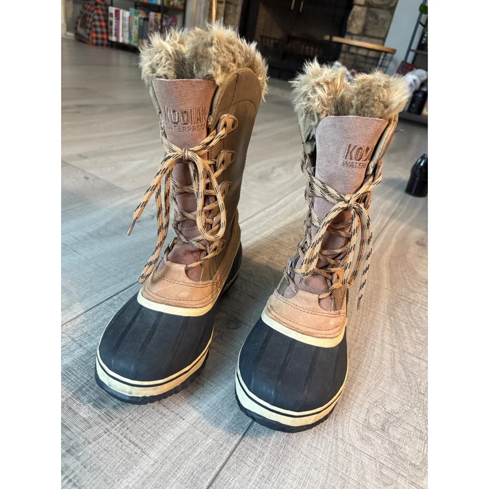 Kodiak Waterproof Winter Boots Womens 8 Brown Leather Faux Fur Duck Boot